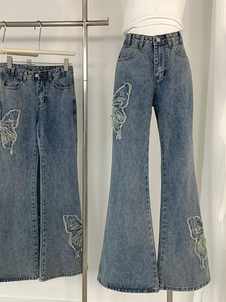 Jeans évasés en denim brodés pour femmes, bas de cloche Harajuku, streetwear long fjY2k, mode japonaise esthétique des années 2000