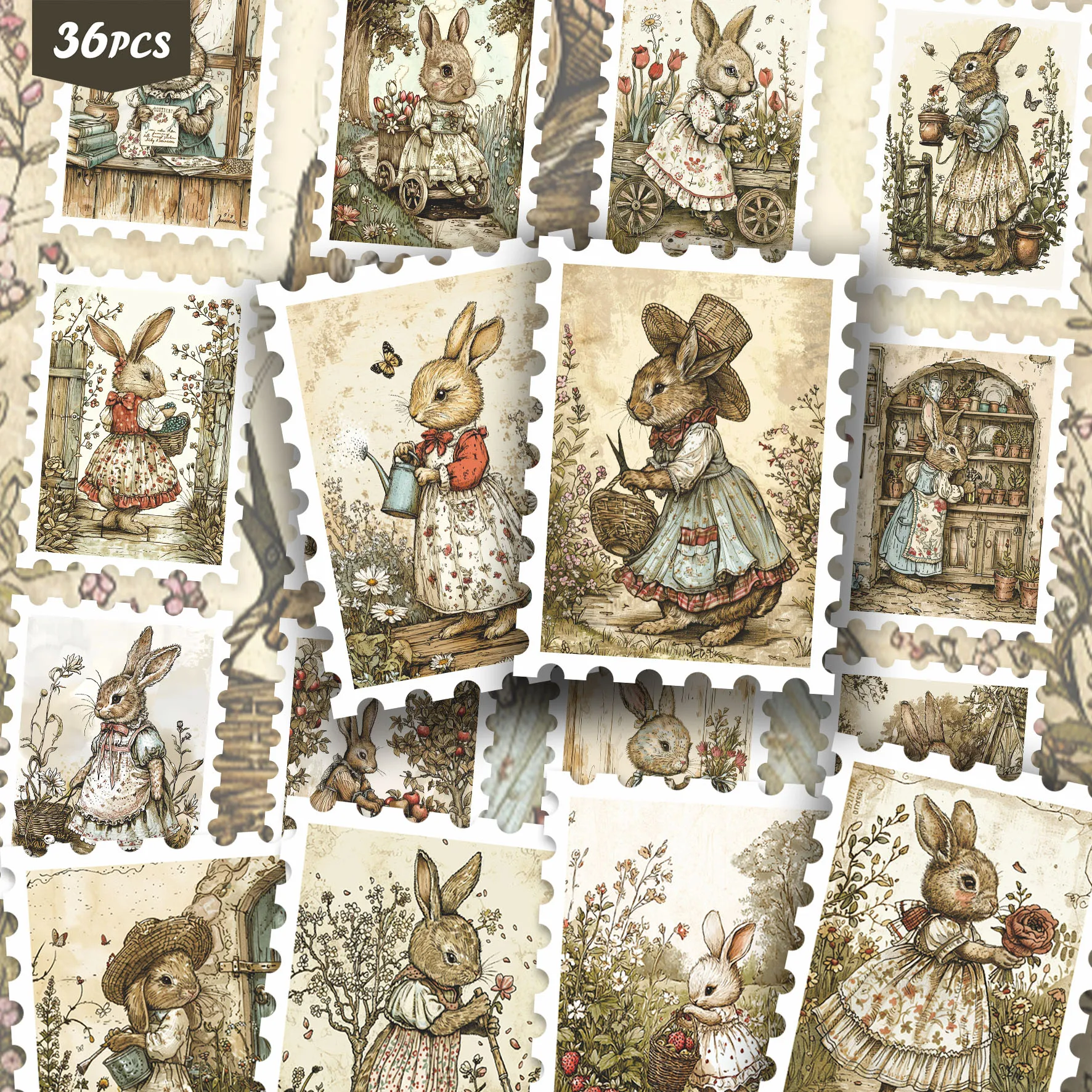 36PCS Retro Floral Bunny Stickers for laptops, Rabbit with Blooms Patterns, Ideal for Journaling & Handmade Card Making