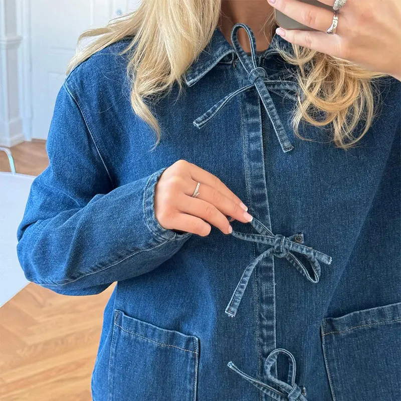 Women Denim Shirts 2024 Spring Autumn Turn-down Collar Long Sleeve Tops Office Lady Lace Up Blouses Solid Color Pocket Outerwear