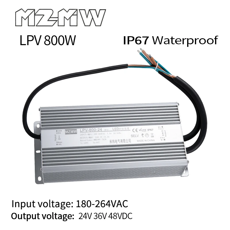 LPV Series IP67 Waterproof Switching Power Supply AC To DC 180-264VAC 800W 24V 36V 48VDC LED Strip CCTV Industrial Adapter