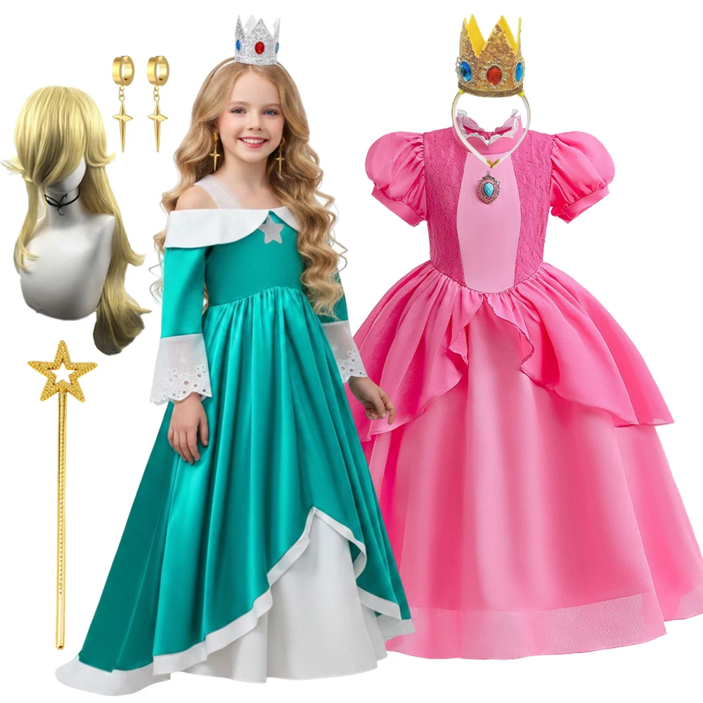 2026 Film-Mädchen Prinzessinnen-Kostüm Rosalina Peach Cosplay Outfit Kinder Mädchen Halloween Cosplay Kostüm Kleid