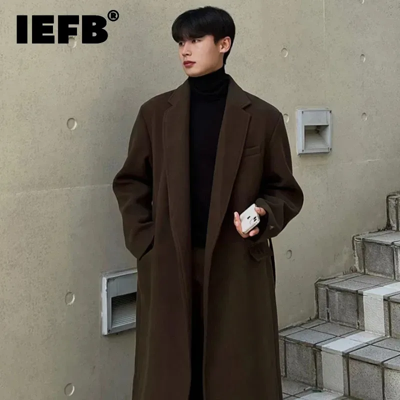 

IEFB Thickened Male Windbreaker Korean Fashion Turn-down Collar Belt Design Solid Color Knee Length Men Outerwear Spring 9C4854