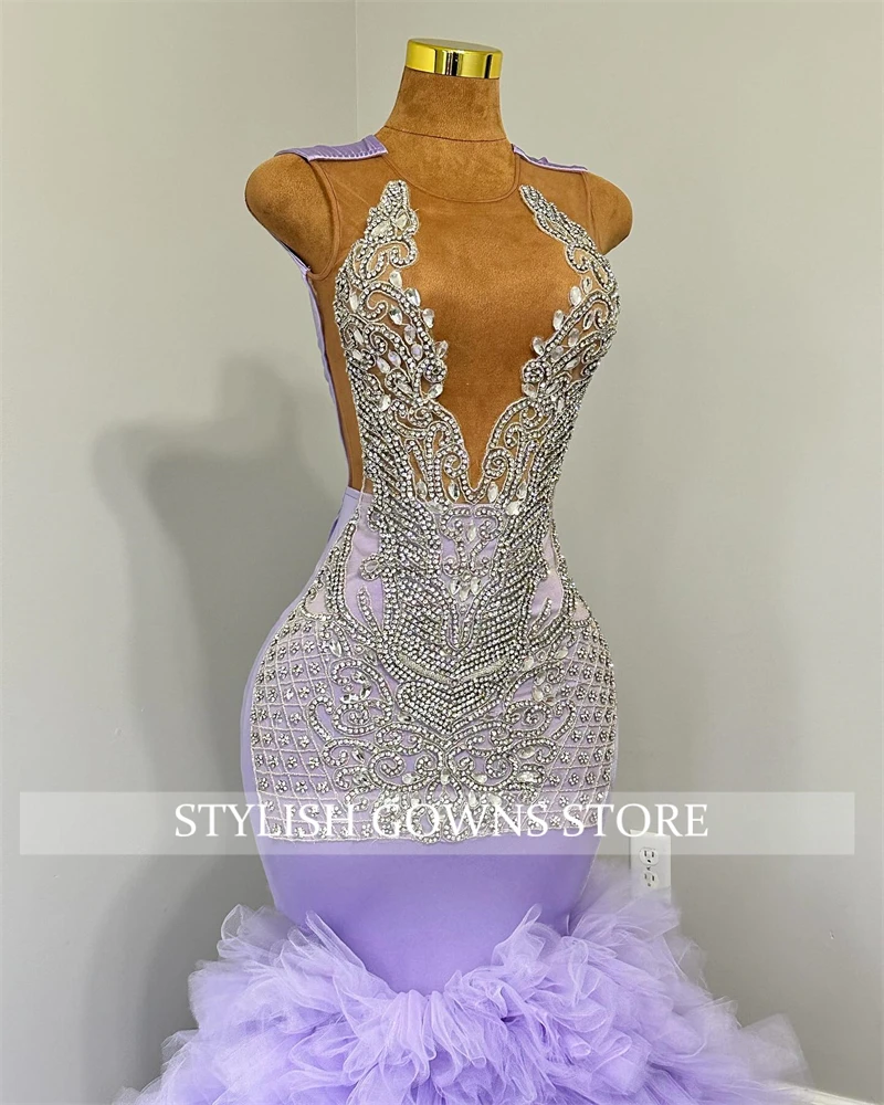 Purple O Neck Long Prom Dresses For Black Girls Beaded Crystal Evening Dress Ruffles Mermaid 2024 Birthday Luxury Dresses
