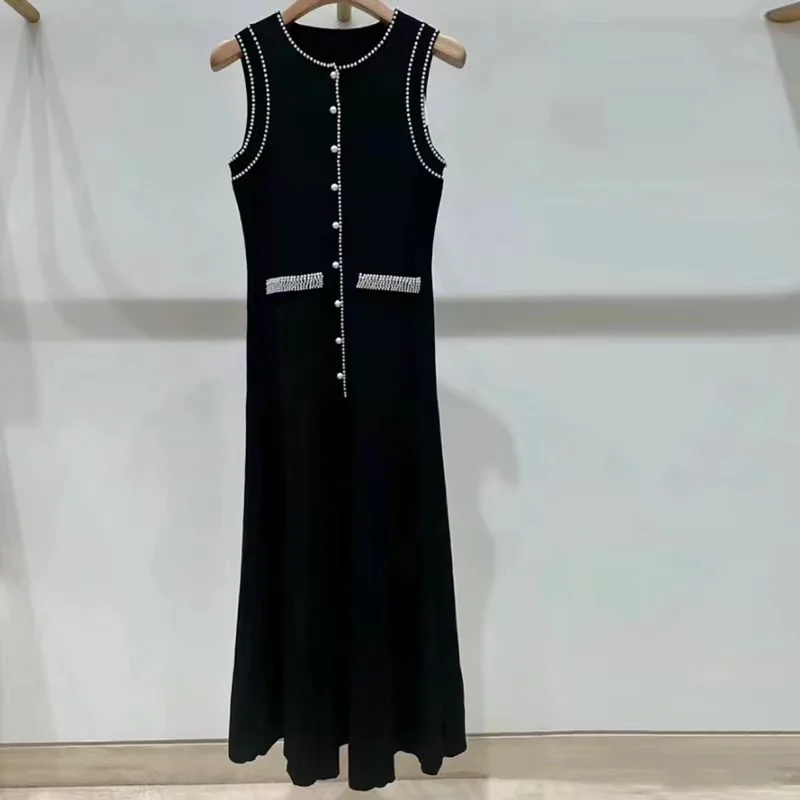 2024 New High Quality French Summer Pearl Decoration Knitted Long Dress Elegant Women O Neck Sleeveless Tank Black Pleated Robe