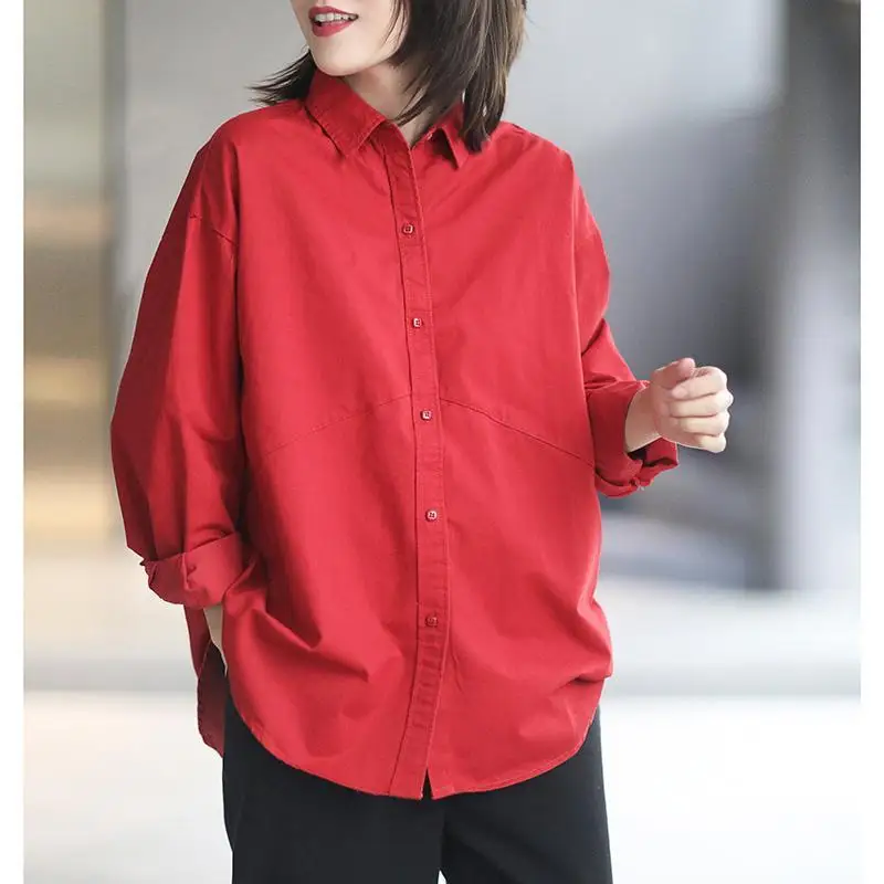 Red Long Sleeved Shirt For Women\'s 2023 New Spring And Autumn Loose Casual Lapel Top