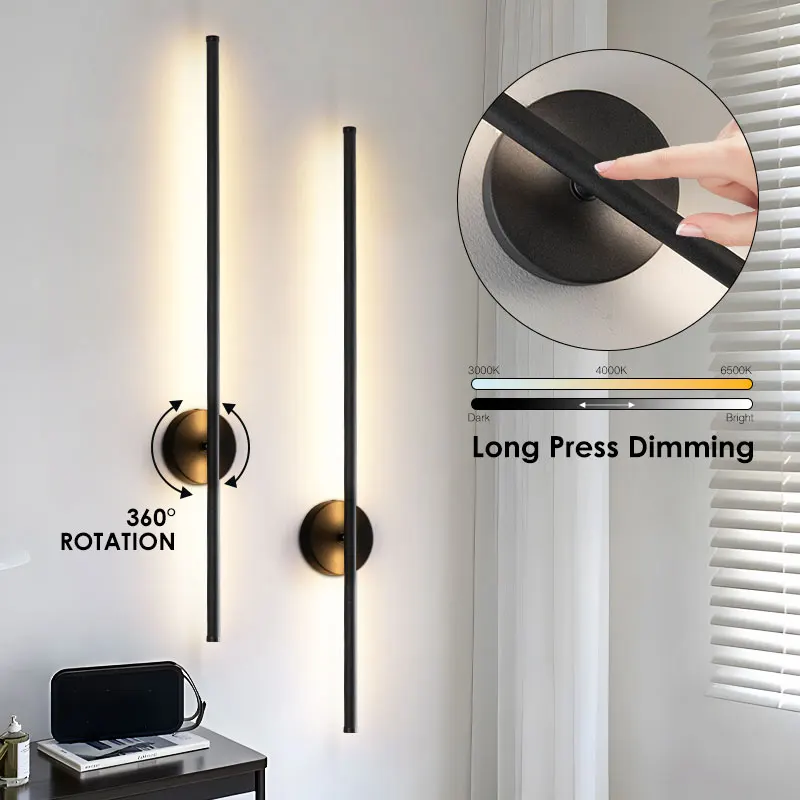 

Сенсорный светодиодный настенный светильник с регулируемой яркостью, черная алюминиевая полоса, настенное бра для спальни, коридора, дивана, фон 360° ° Вращающийся настенный светильник