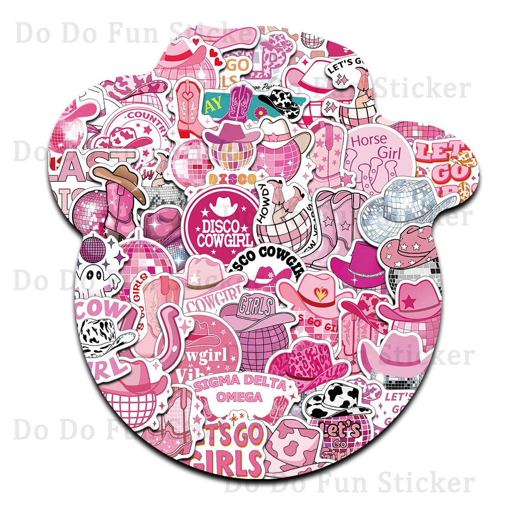 50 Uds. De pegatinas de vaquera de discoteca rosa modernas a la moda de dibujos animados, botas artísticas impermeables de PVC, lámpara, bola, sombrero de vaquero, libro creativo DIY para ordenador portátil