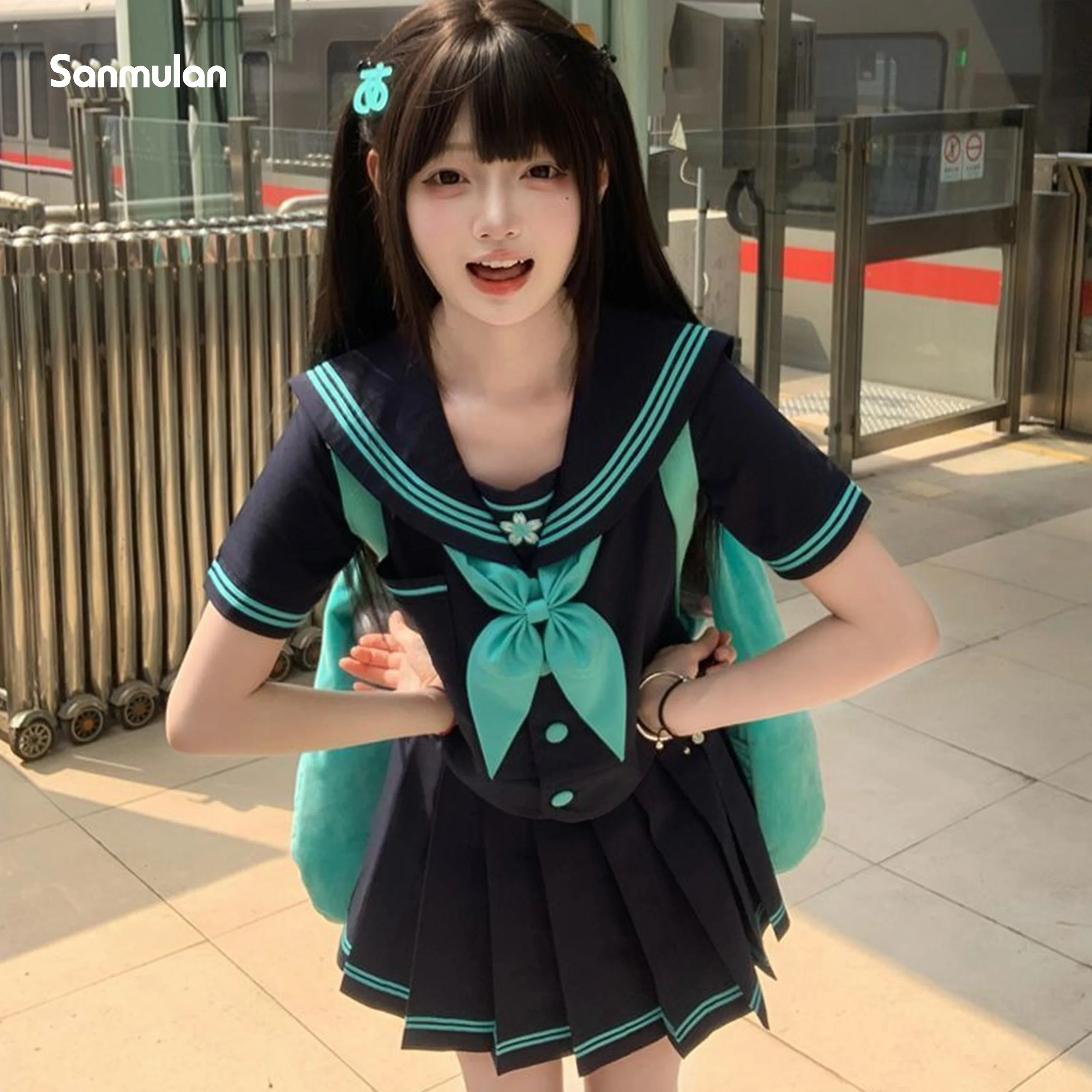 JKเครื่องแบบชุดกะลาสีของแท้ญี่ปุ่นสไตล์Basicนักเรียนแขนสั้นน่ารักบทบาทเล่นแขนสั้นฤดูร้อนCyan