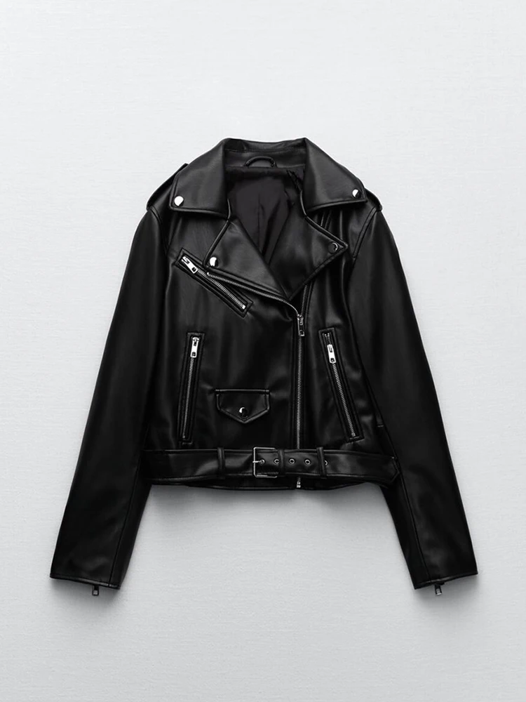 Ailegogo Streetwear Women Slim Fit Black Pu Faux Leather Jacket with Belt Spring Female Motorcycle Biker Zipper Coat Outwear