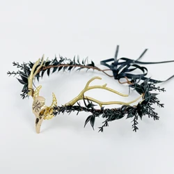 Golden Antlers Gothic Flower Crown Medusa Halo Witch Wedding Crown Nightclub Makeup Ball Headwear Halloween Headdress Floral