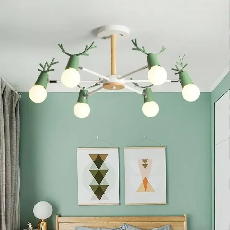 

TY WW Macaron Antler Chandelier Simple Post Modern LED Chandeliers Bedroom Dining Room Iron and Wood Deer Head Ceiling Lamp E27
