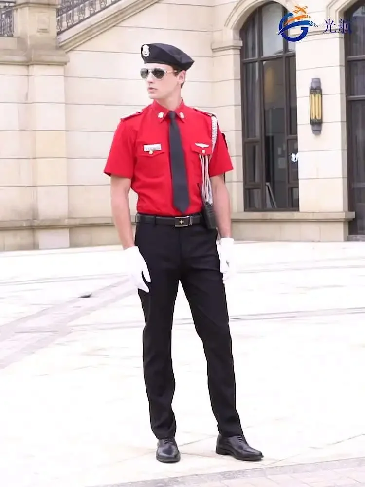 高級不動産セキュリティ制服ホテル半袖セキュリティ赤作業シャツスーツ男性画像ポストプロトコル長袖服