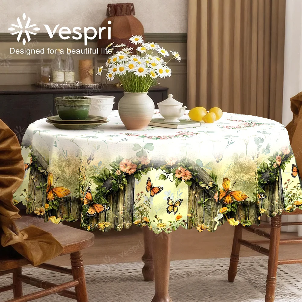 Vespri Farm Wind, Wood Grain Tablecloth, Yellow and White Decorations, Butterflies and Flowers