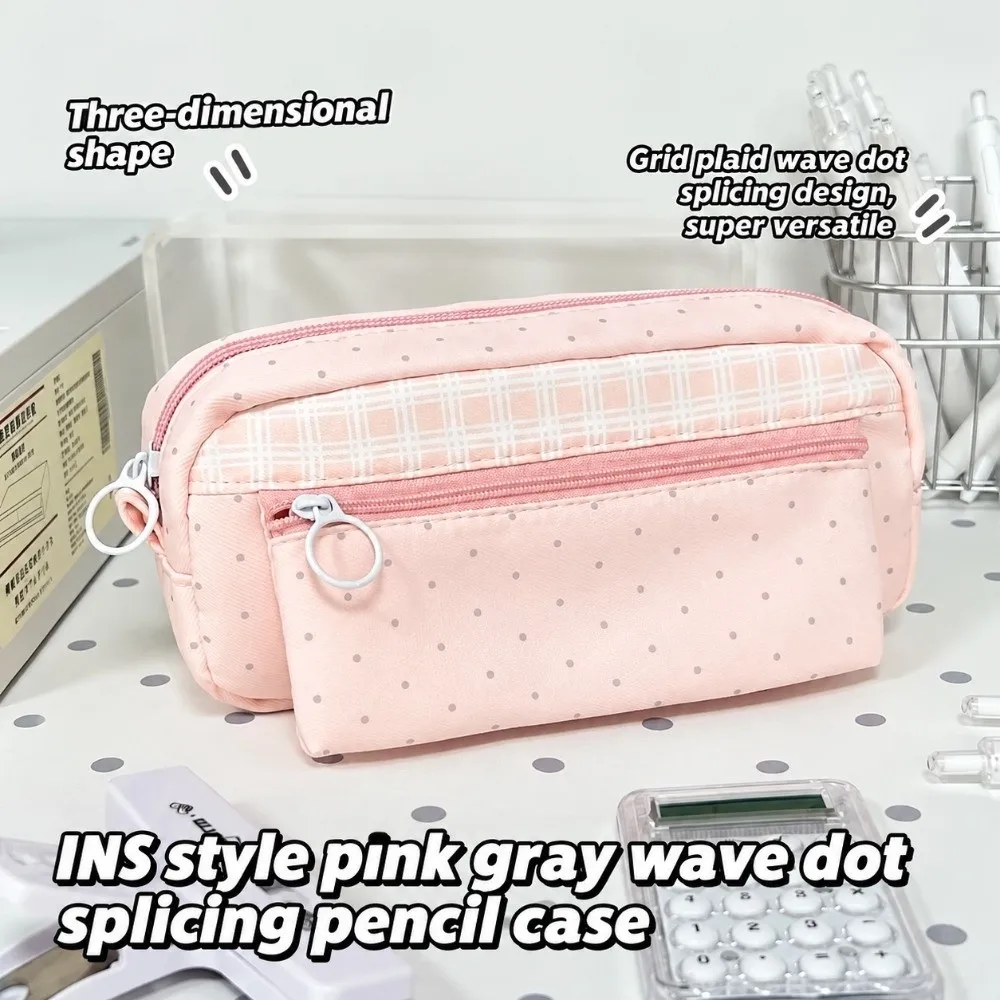 Aesthetic Polka Dot Print Pencil Pouch Plaid Splicing Large Capacity Pen Bag Multi Compartment Pencil Case Students
