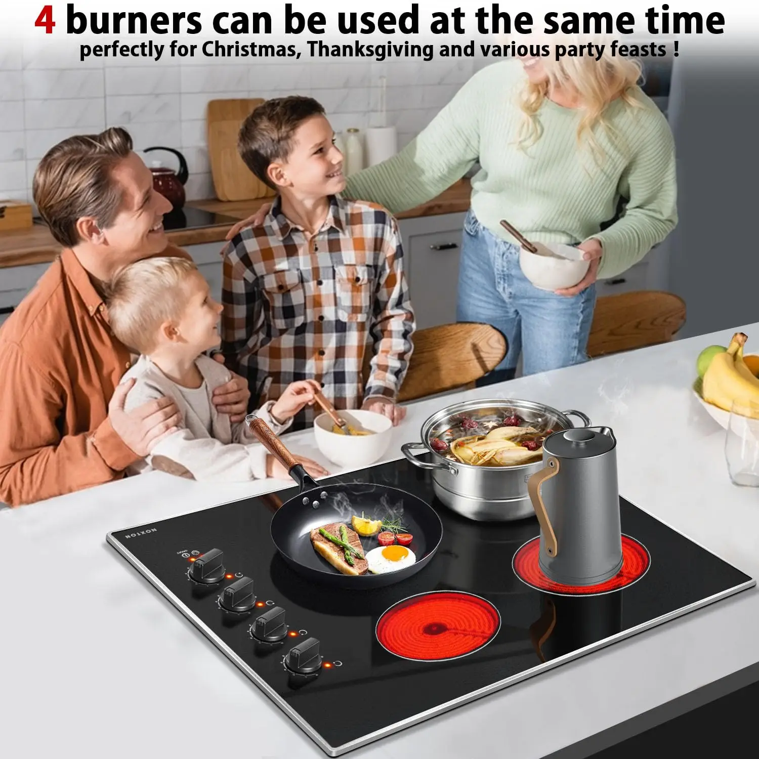 Noxton 30인치 4버너 전기 쿡탑, 내장형 30인치 복사 전기 세라믹 스토브 상판, 220-240v, 플러그 없음, 하드 와이어