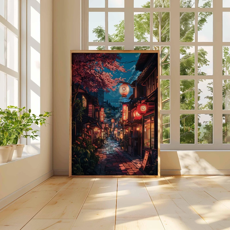 1pc frameless Serene Tokyo Night Print, Cherry Blossom Poster, Japan Street Art, Lantern Lit Alley, Cityscape Print, Urban Night