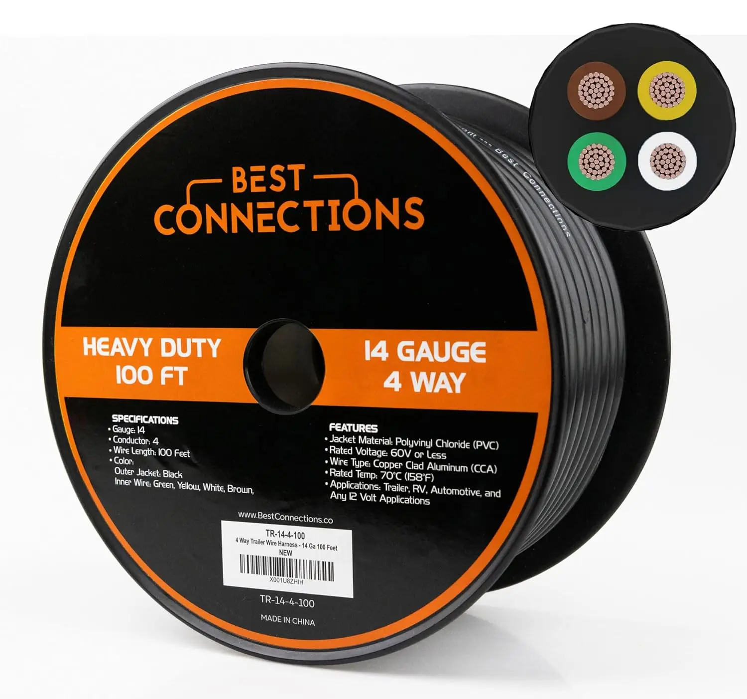 

Heavy Duty 14 Gauge 4 Way Trailer Wire, 100 Feet Weatherproof Cable for RV and Automotive