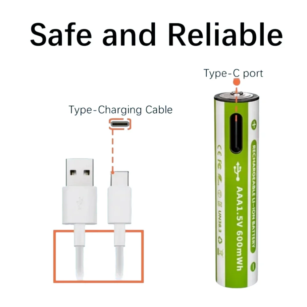 No.7 AAA 1.5V 600mWh Rechargeable Lithium Battery with 2 in 1 USB Charging Cable,Suit for Remote Control Mouse