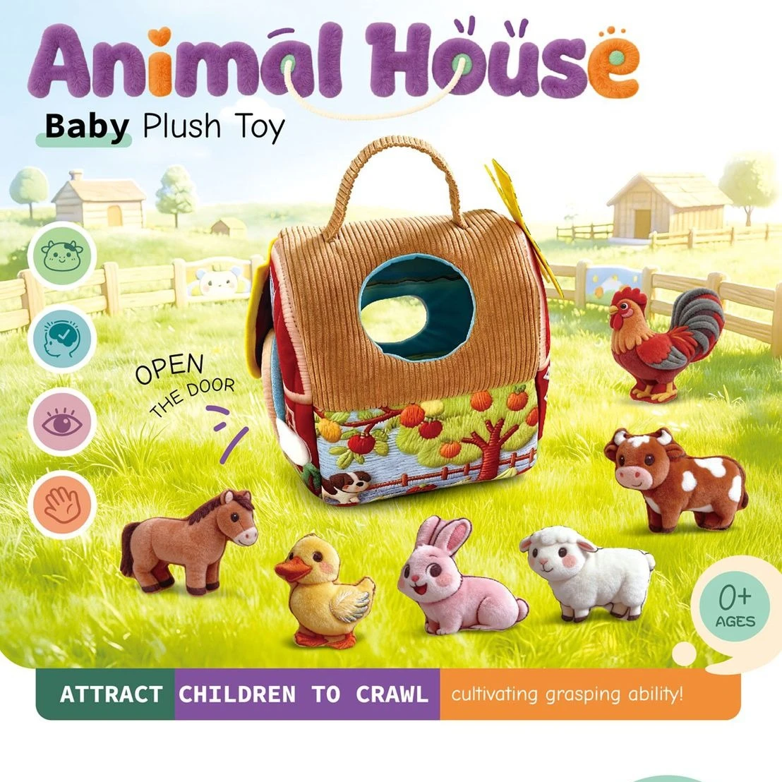 Set di 7 Giocattoli Educativi a Forma di Fattoria, Bambole in Peluche con Contenitore, Gioco Sensoriale per lo Sviluppo della Motricità Fine, Regalo per l'Apprendimento Precoce dei Bambini