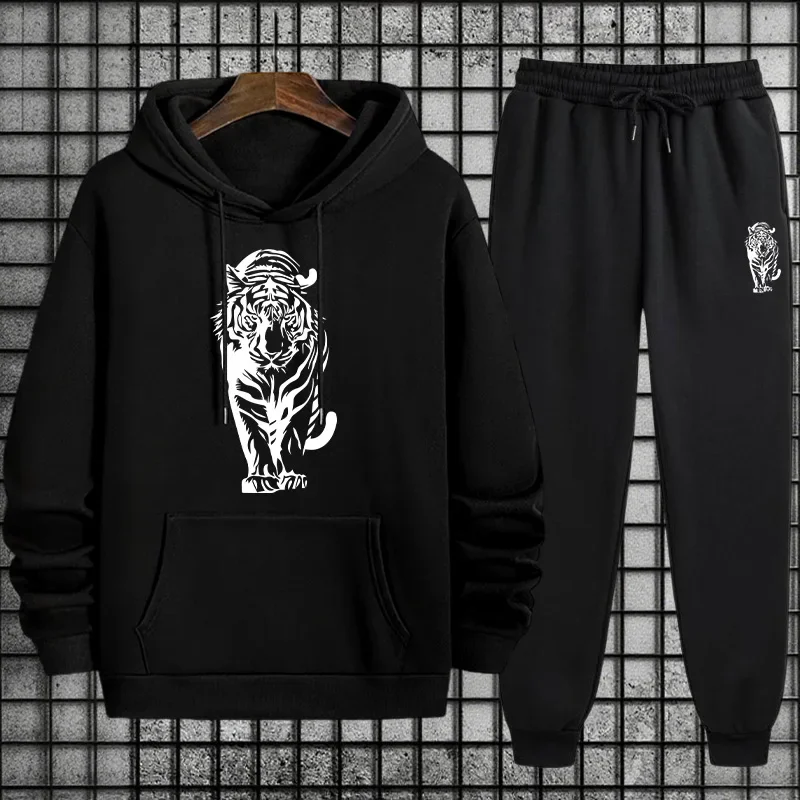 

Tiger Print Hooded Sweatshirt+Pants Two-piece Set Men Woment Autumn Winter Daily Outdoor Vacation Casual Loose Warm Sportswear