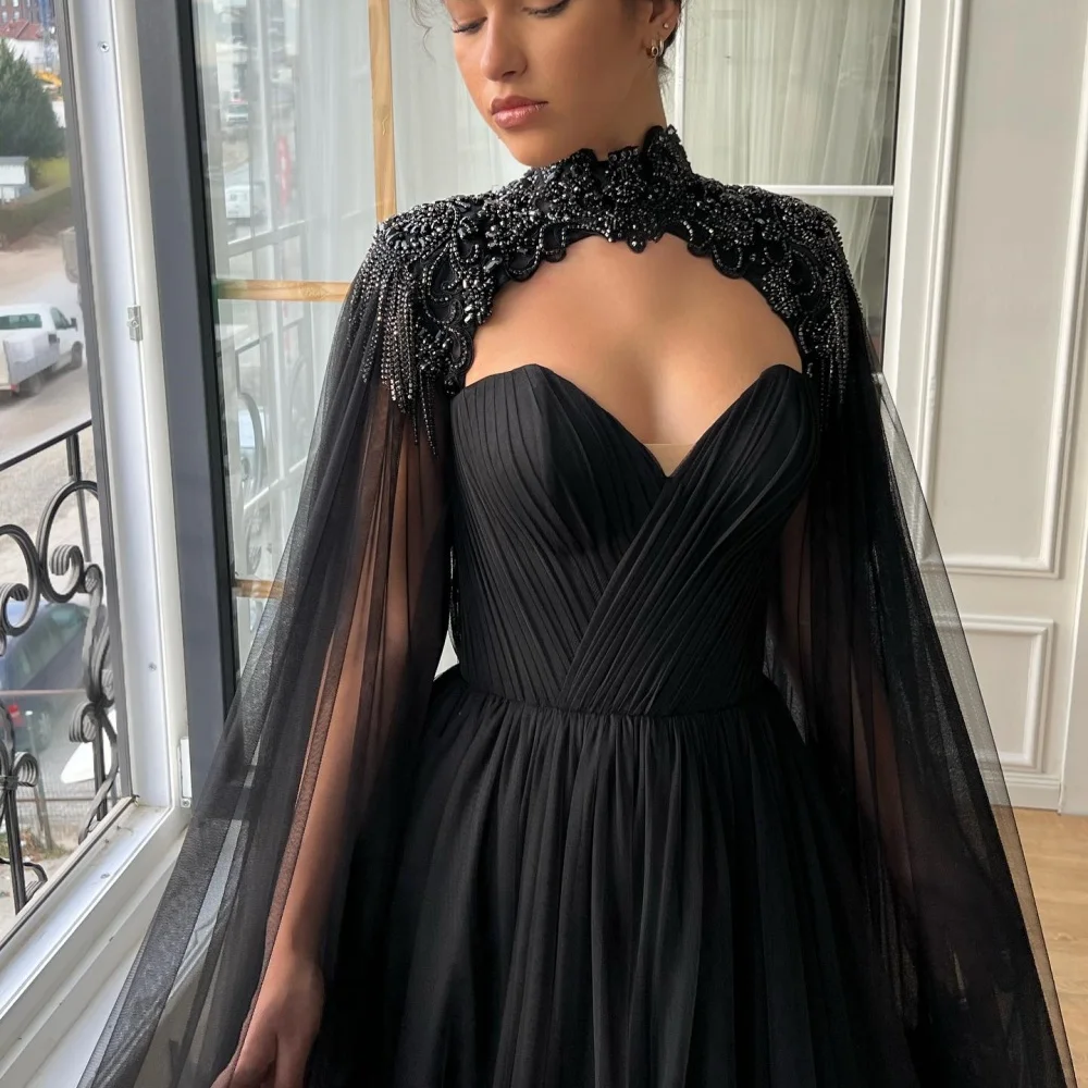 Amanda Customized Black Beading Shawl Two-Piece Set robes de soirée Strapless 3D Flowers Party Dresses A-line Prom Dress 2024