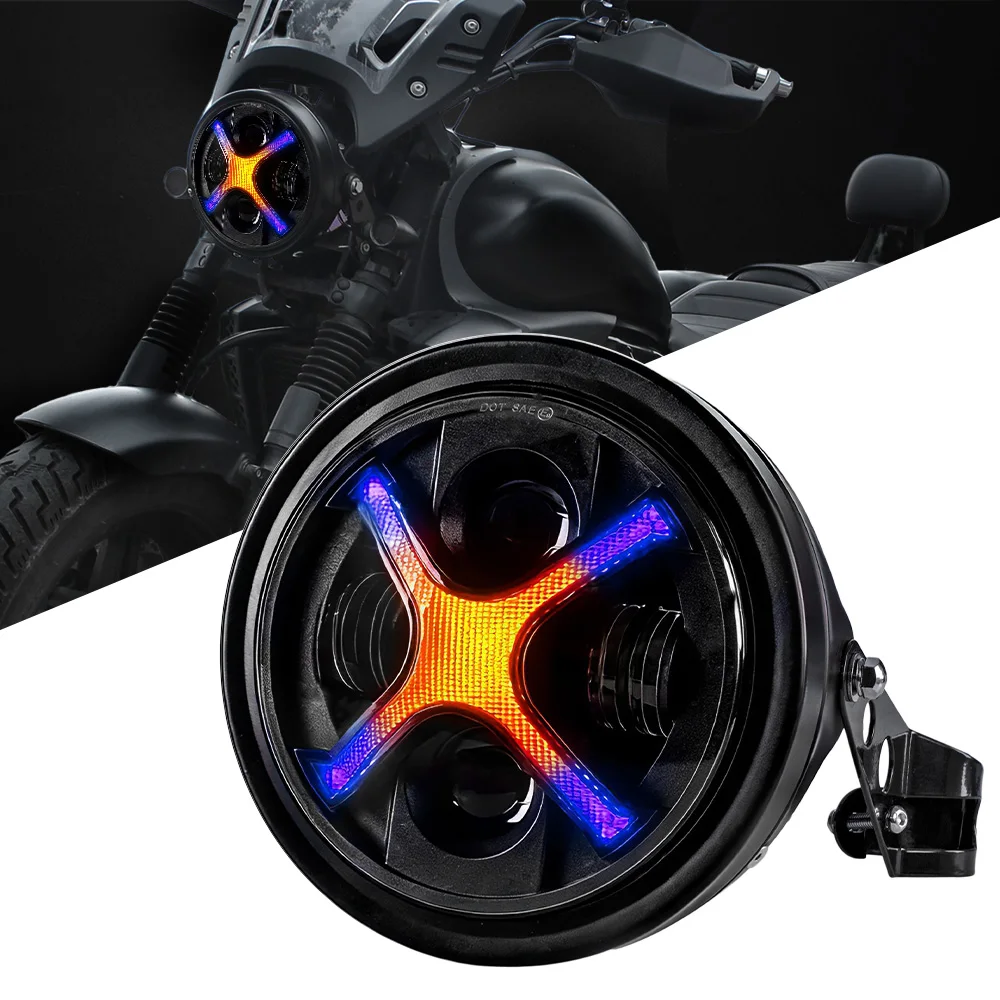 

7" Round Motorcycle LED Headlight Assembly w/ RGB X-Shape DRL, Housing & Bracket, IP67 Waterproof, Universal Fit
