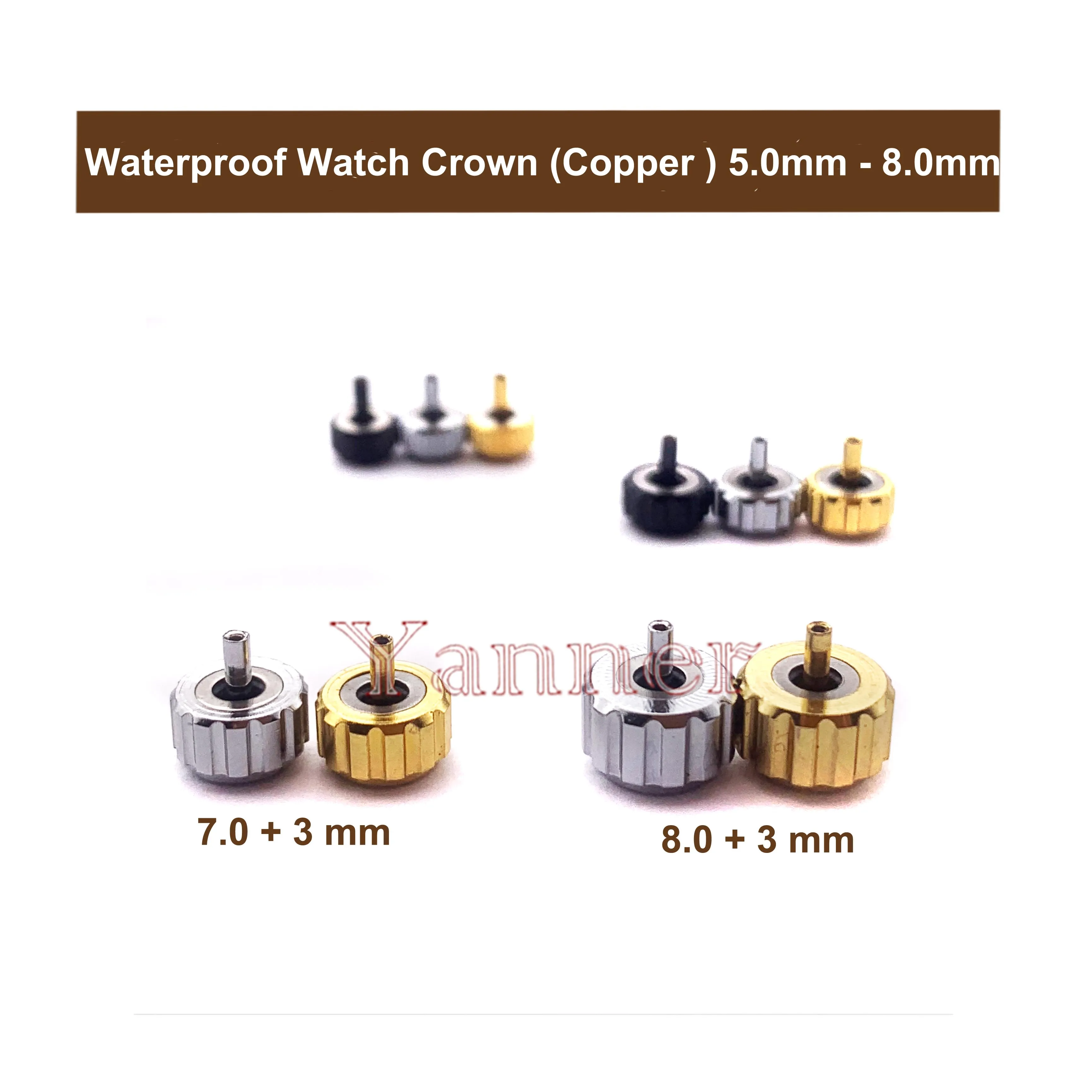 Corona de reloj impermeable de 5,0mm-8,0mm para piezas de reparación de relojes y reemplazo con color dorado y plateado