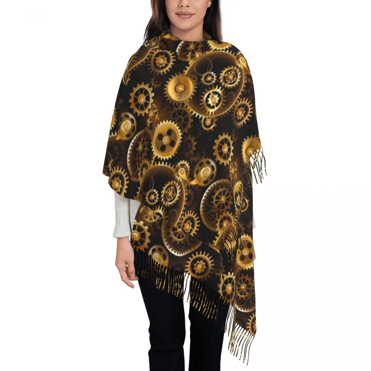 

Steampunk Print Scarf Brass Gears Warm Soft Shawls and Wrap with Tassel Lady Vintage Scarves Wraps Autumn Designer Bufanda Mujer