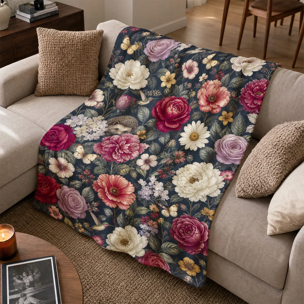 Luxurious Floral Print Throw Blanket for Sofa Couch Living Room Home Decor Cozy Botanical Pattern Chunky Knit Throw