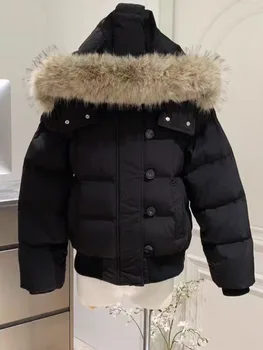 Autumn Winter Fur Hooded Jacket Women Outerwear Thick Dowon Cotton Padded Slim Short Parkas Female Cropped Puffer Bubble Coat 2