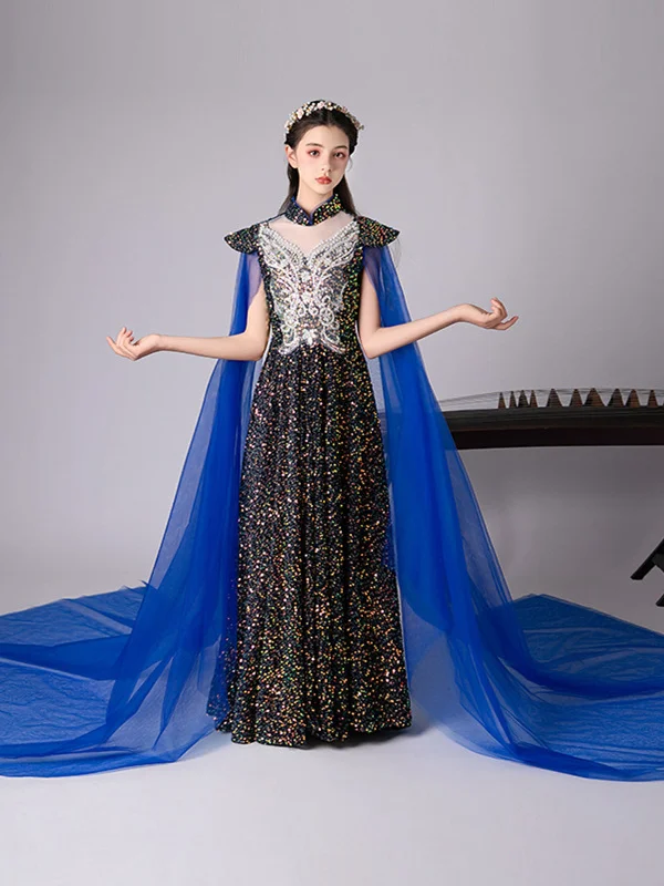 

Новинка 2025 года: Роскошное платье для девочек в стиле винтаж с бирюзовыми пайетками, тяжелой вышивкой и шлейфом, для студенток, в стиле Гучжэн Пия.