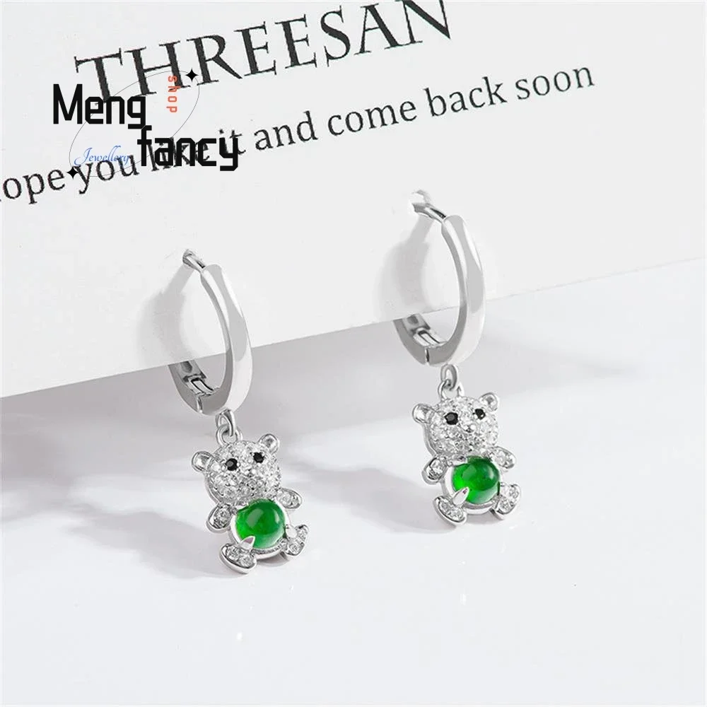 

S925 Silver Inlaid Natural A-goods Jadeite Bear Positive Green Earrings Cute Exquisite Elegant Sexy Young Girls Fashion Jewelry