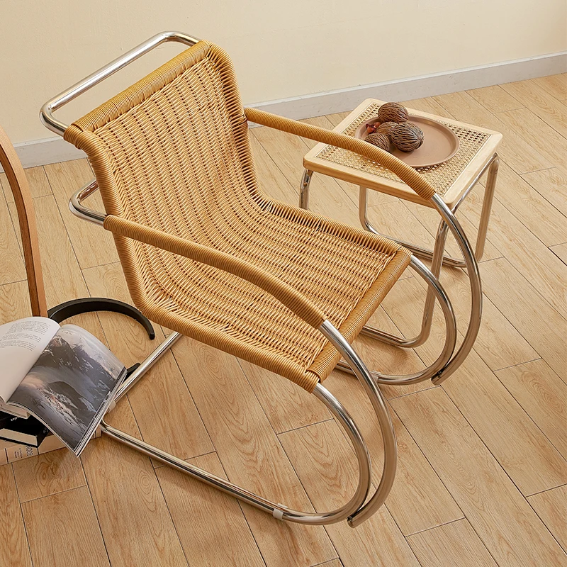 ins rattan dining chair retro chair elbow stainless steel designer creative single chair printing home leisure backrest
