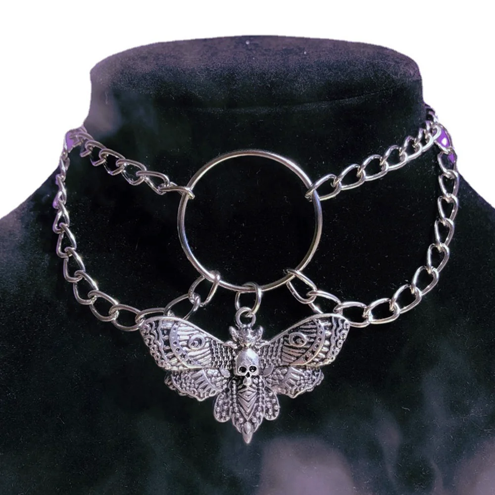 Gothic Choker Voor Vrouwen Mannen Zilveren Vintage Schedel Hanger Ketting Trend Heks Sieraden Mot Charm Zilveren Ketting Ketting Nieuwe 2022