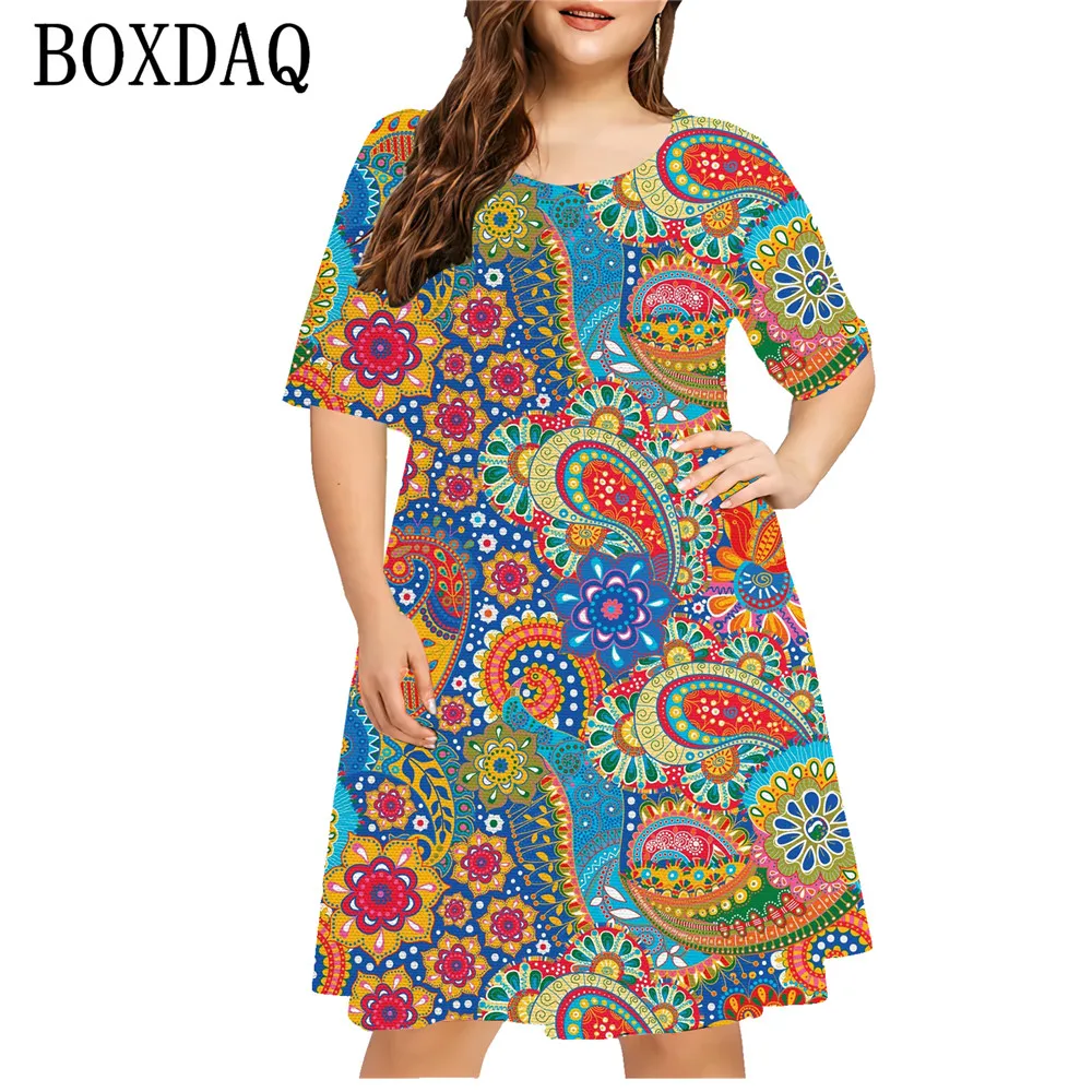 

Colorful Flower Women Dress Paisley 3D Print Loose Plus Size Dress Summer Vintage Ethnic Style Short Sleeve Sundress Casual 9XL