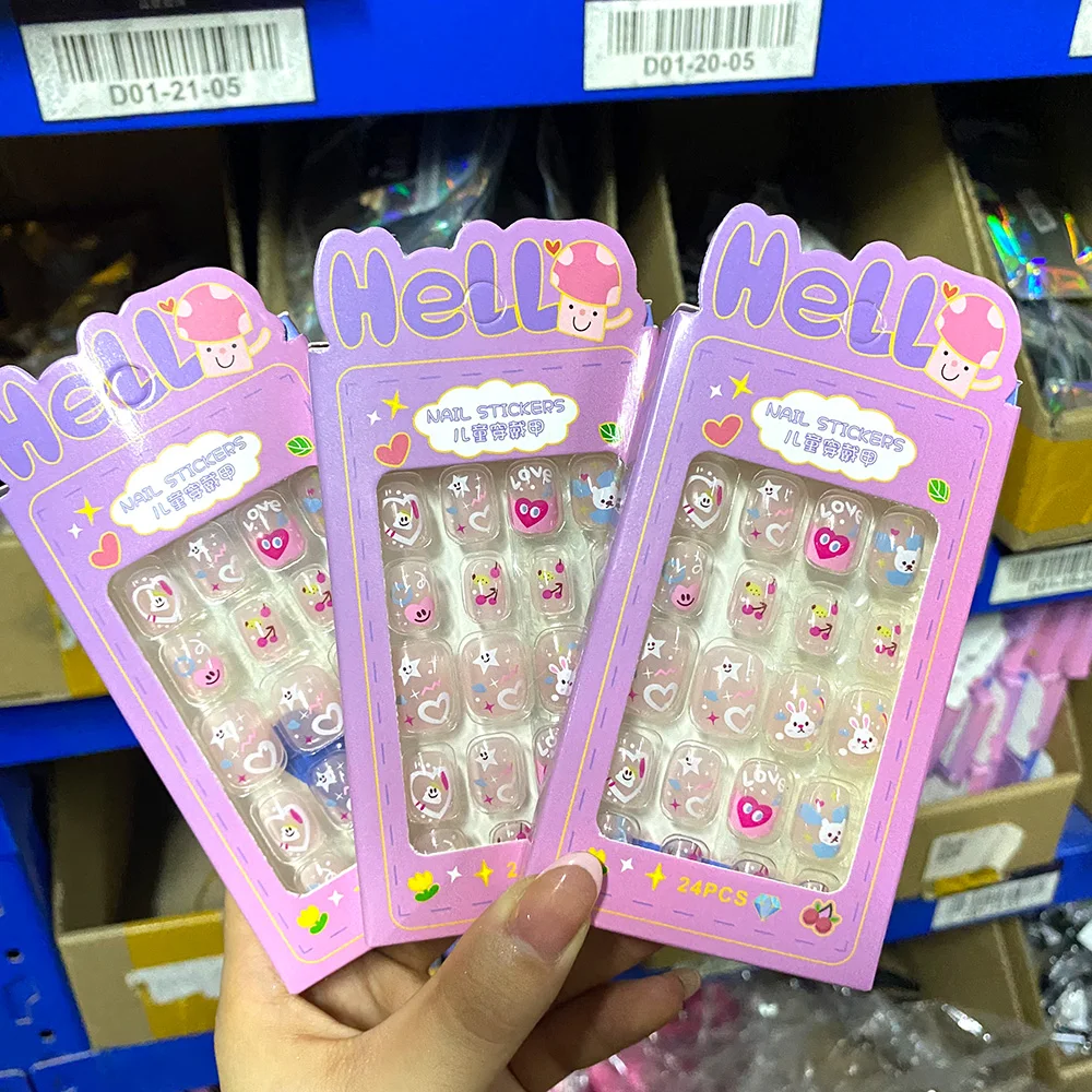 24Pcs/Box Christmas Children False Nails Tips Kids Candy Cartoon Press on Nails Kawaii Colorful Cat/Butterfly/Flowers Fake Nails