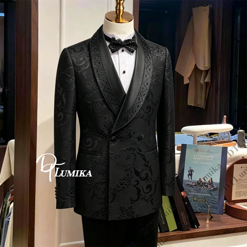 DTLumika Jacquard Herren 2-Teiliger Formeller Anzug mit Schalkragen und Kristallverzierung, Hochzeitsanzug Smoking Blazer und Hose