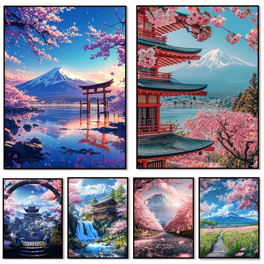 Japanese cherry blossom tree, sakura branch and Mount Fuji sunset Tokyo landscape poster print canvas wall art home decor