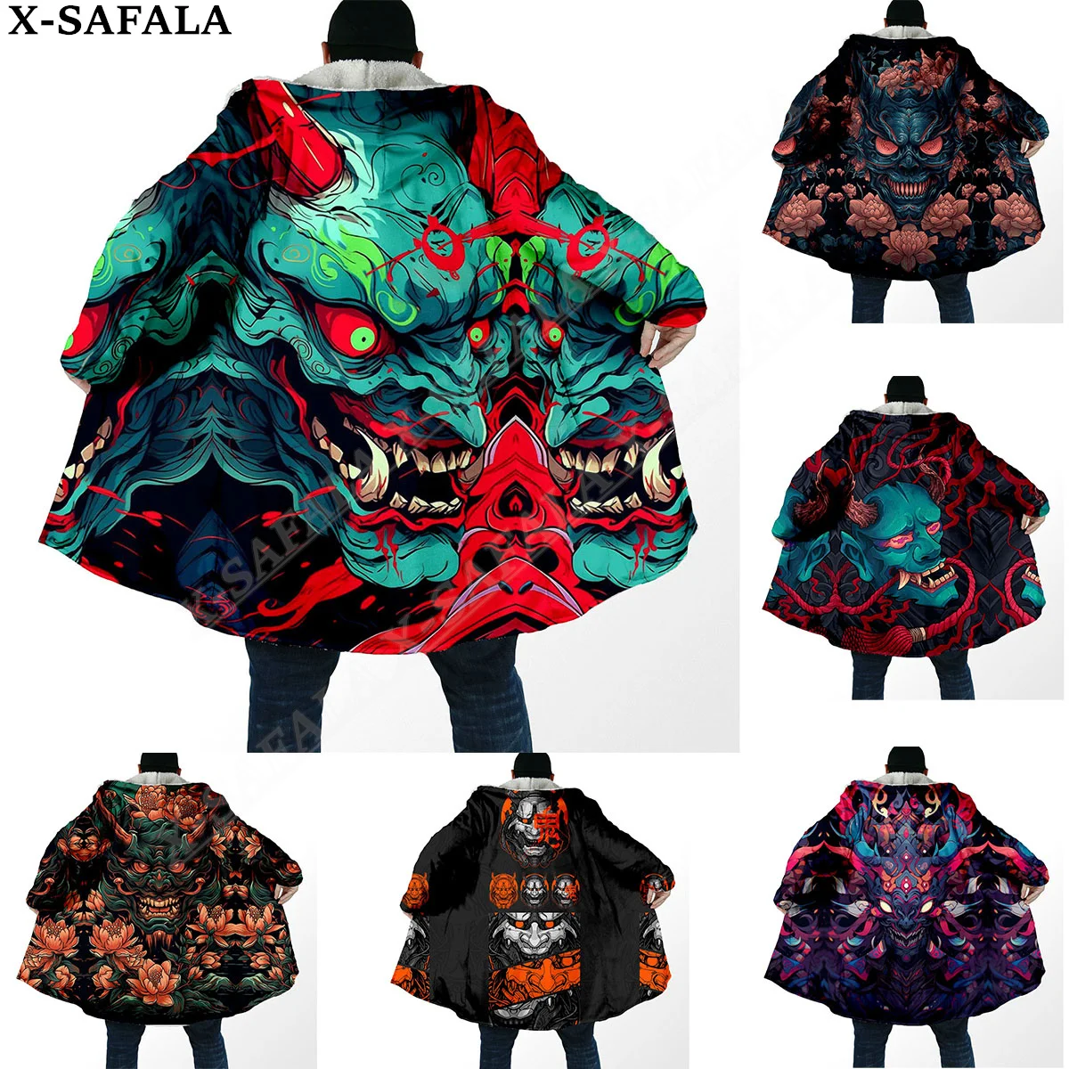 Japanese Samurai Oni Mask Tattoo Warrior Overcoat Coat 3D Print Thick Warm Hooded Cloak  Men Windproof Fleece Unisex-2