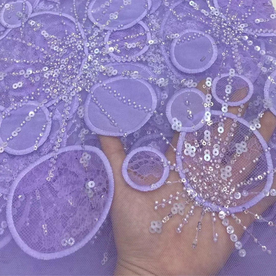 

Circular Bubble Lace Sequins Pearl Beaded Embroidery Fabric Mesh Tulle High Quality For Nigerian Bridal Wedding Party Dress