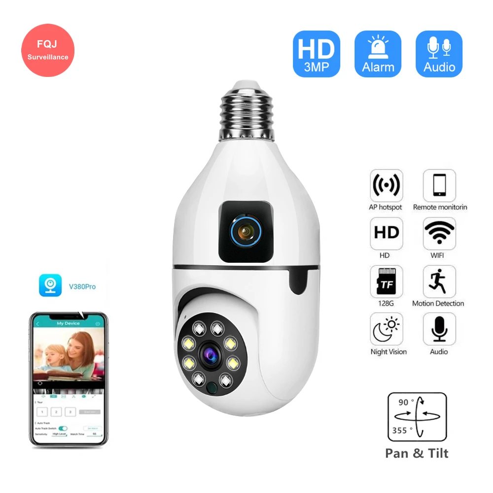 V380 1mp e27 lâmpada wifi lente dupla câmera pan tilt cor visão noturna cctv segurança ip interior lente dupla lâmpada câmera para casa loja