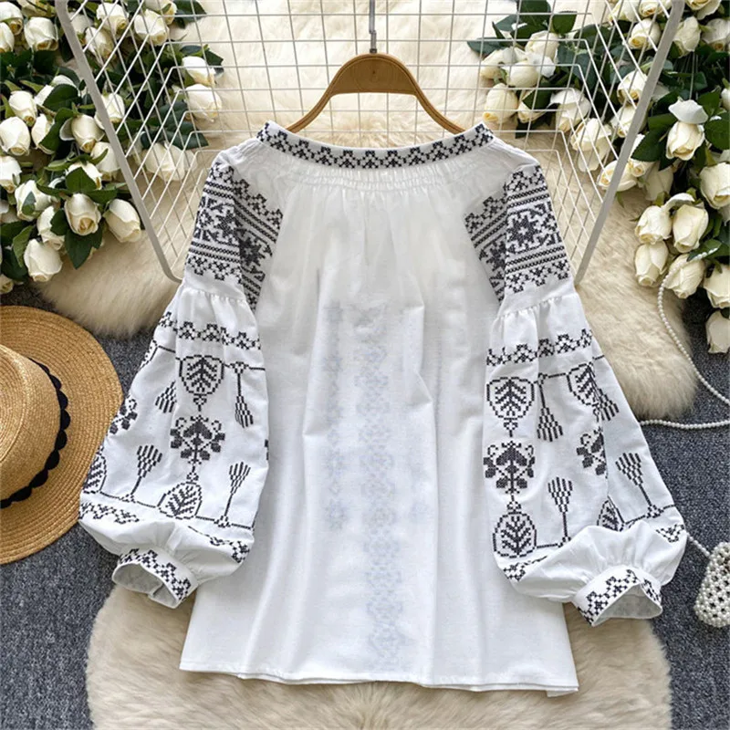 2025 Spring New Blouse Women Fashion Versatile Embroidery Lantern Sleeve Lace Up O-Neck Pullover Shirt Female Loose Tops B961