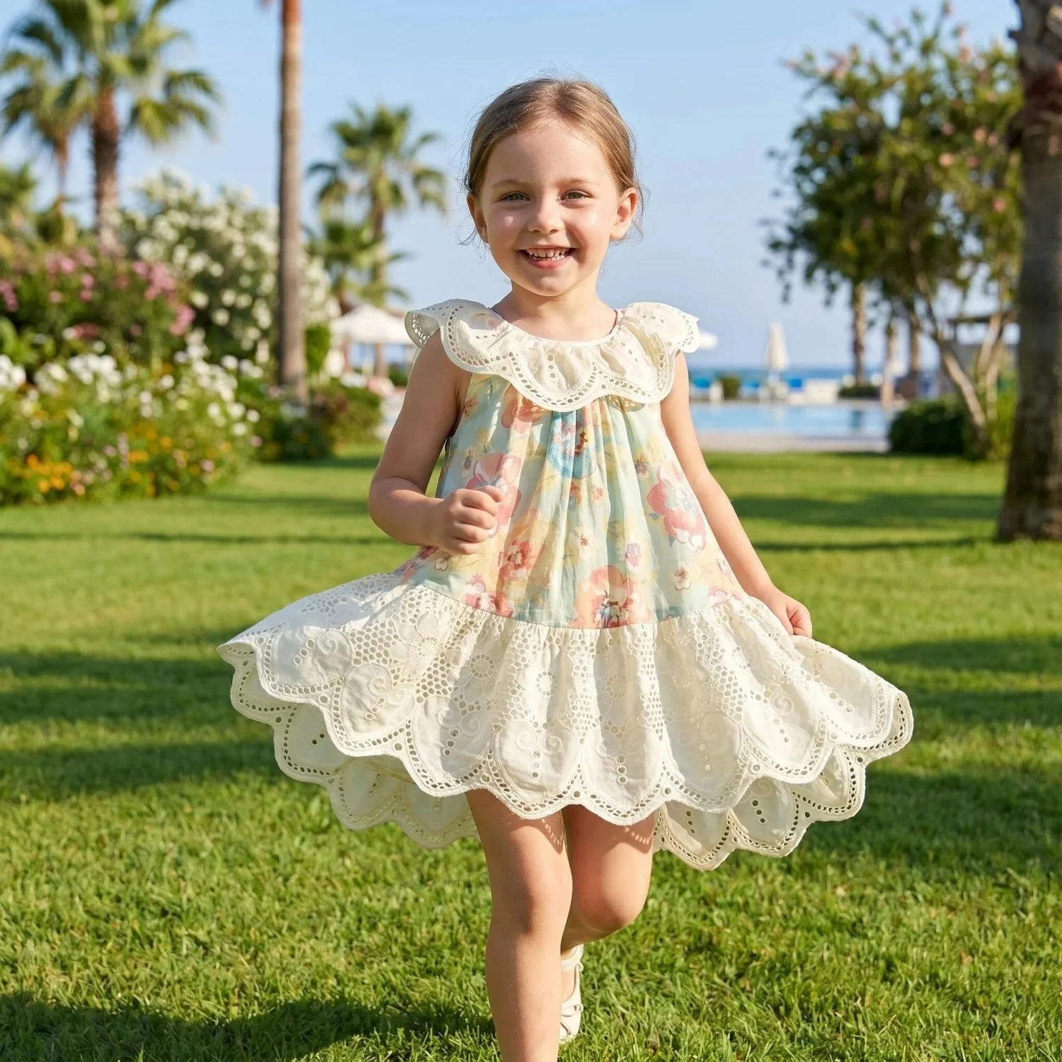 2026 News Girls Summer Princess Dress Hallow Cut Out Lace Trim Collar and Hem Korean Children’s Clothing Female Child Clothes