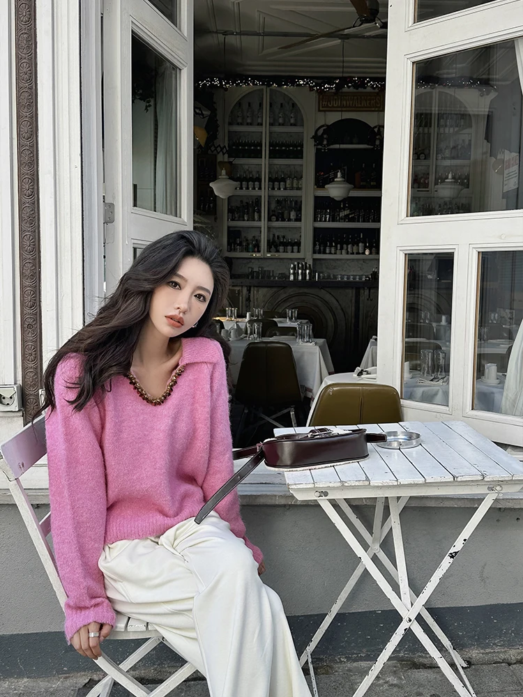 

Розовый свитер ручной работы Zq с V-образным вырезом, женский, свободного кроя, осенне-зимний, новый дизайн, с длинными рукавами, однотонный, для повседневной носки