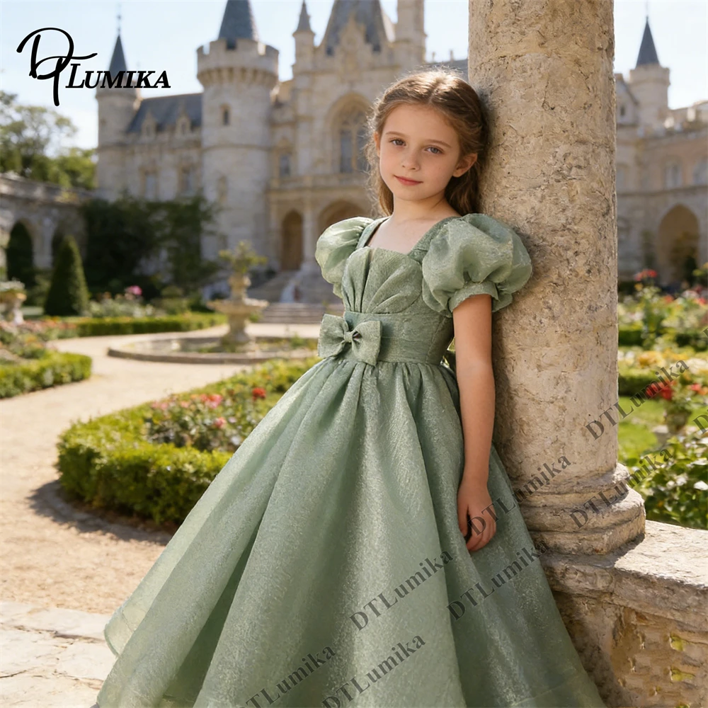 Girls Sage Formal Dresses with Princess Puff Sleeves and Sweet Bow, Wedding Flower Girl Dresses A Line Long Birthday Party Gown