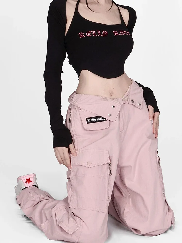 High Quality Pink Baggy Cargo Pants Women Y2K Streetwear High Waist Multi-Pocket Wide Leg Pants Harajuku Loose Casual Trousers