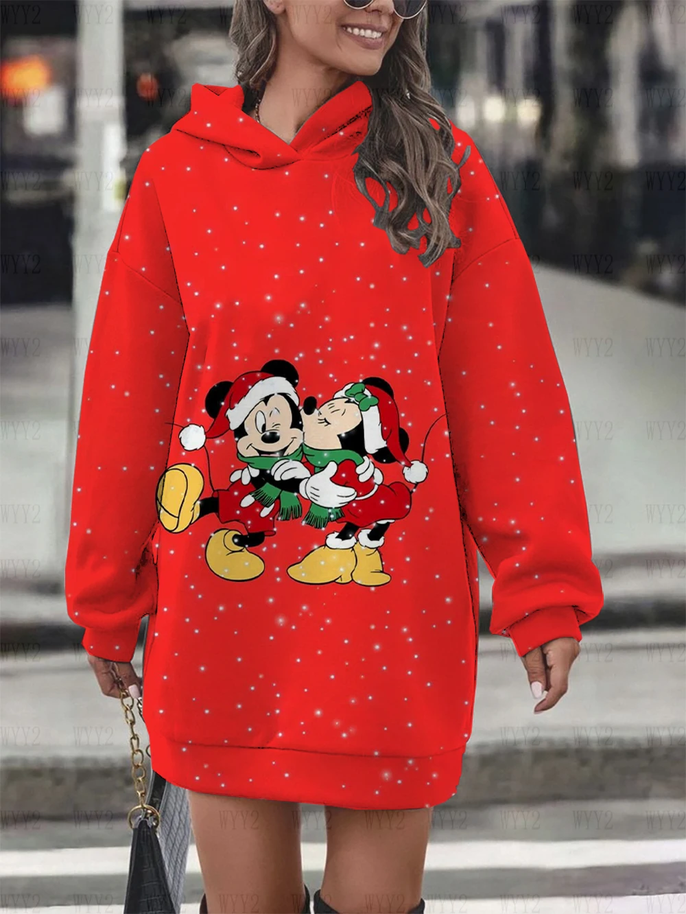 New Women\'s Christmas Series Hoodie Dress Disney Mickey Minnie Print Casual Autumn and Winter Fashionable Comfortable Sweatshirt