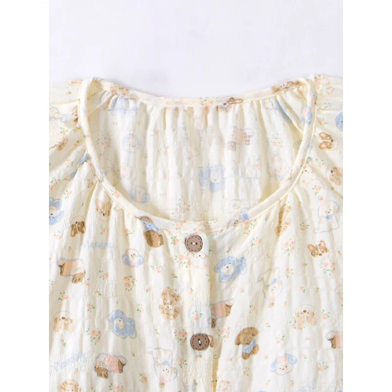 Puppy Print Pajama Set for Women, 2-Piece Japanese Style Soft Cotton Sleepwear, Short Sleeve & Breathable, Versatile Summer Home