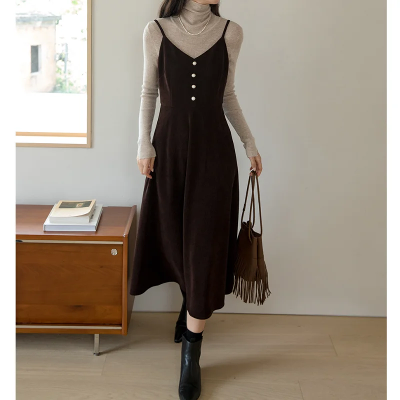 

Elegant Waist Slim Long Strap Dress Women Wear Fashion Vintage Autumn Winter Joker Simple Sweet Sleeveless French Dress Vestidos