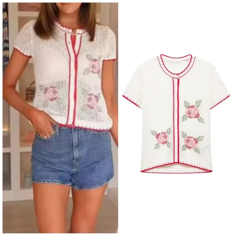 Floral Embroidery Hollow Out Knit Cardigan Round Neck Short Sleeve Contrast Red Trim Single Breasted Women Casual Top 261001